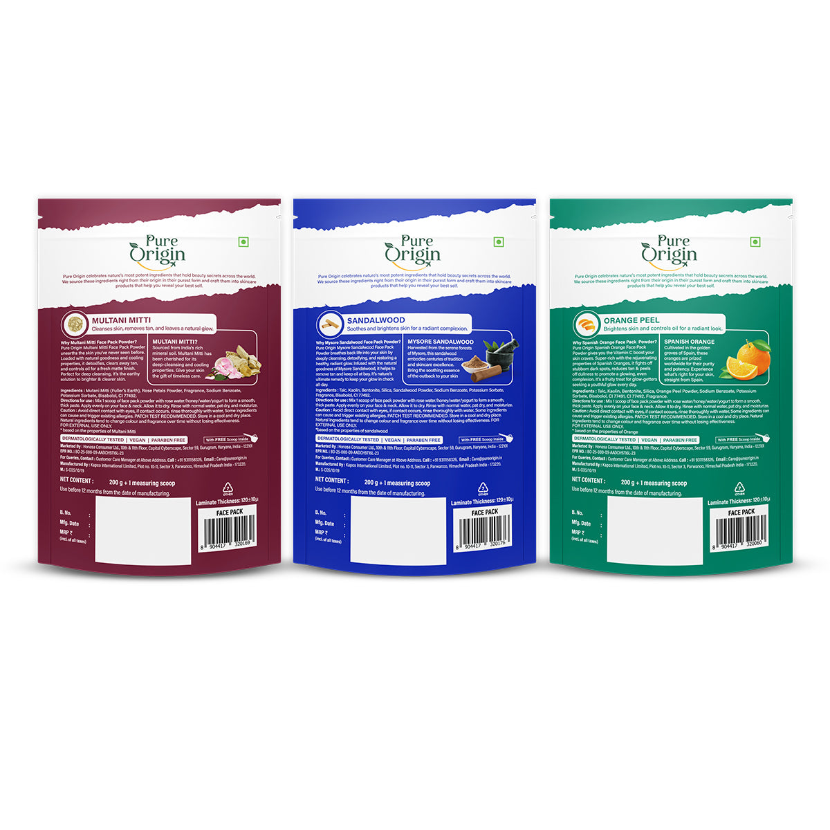 Multani Mitti, Mysore Sandalwood and Spanish Orange Face Pack Powder Combo